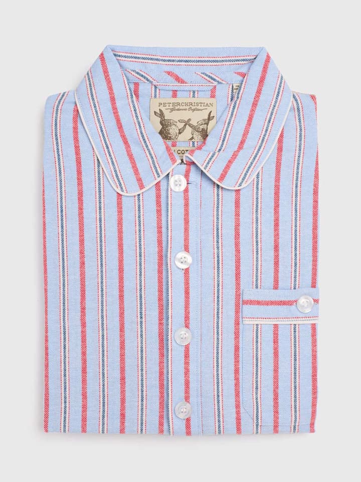 Blue & Red Stripe Flannel Nightshirt with Night Cap