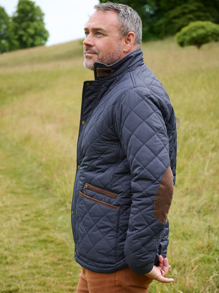 Men's Navy Blue Quilted Coat On Model