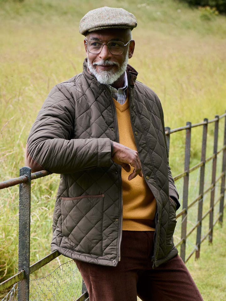 Men's Olive Green Quilted Coat On Model