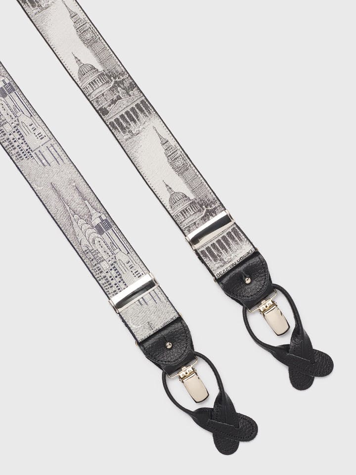 New York / London City Skyline Woven Silk Braces Leather Fastening