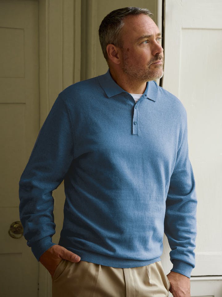 Blue Knitted Polo Jumper On Model