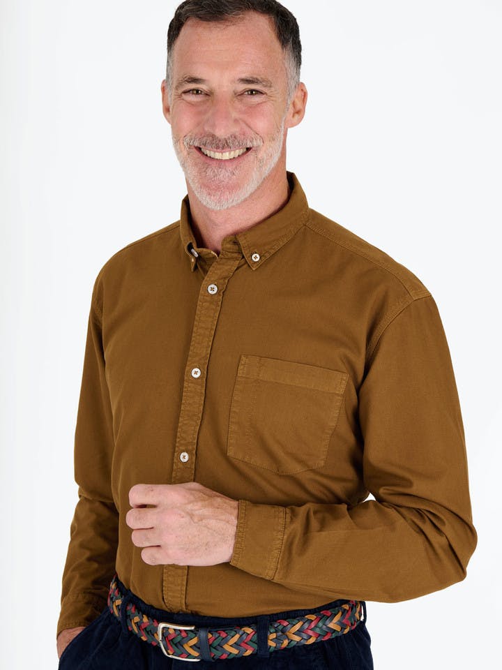 Tobacco Brown Washed Organic Cotton Shirt On Model