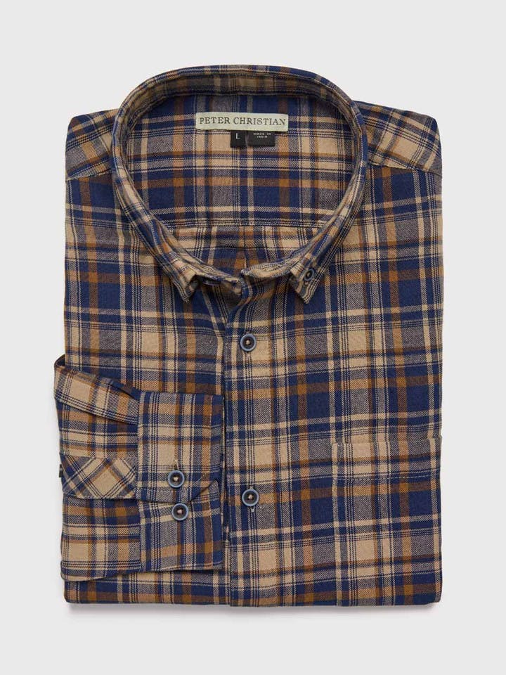 Camel Beige Cotton Checked Shirt Folded