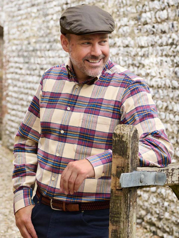 Men's Navy Blue Flannel Check Shirt On Model