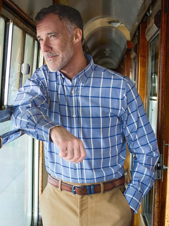 Men's Blue and White Window Pane Check Shirt On Model