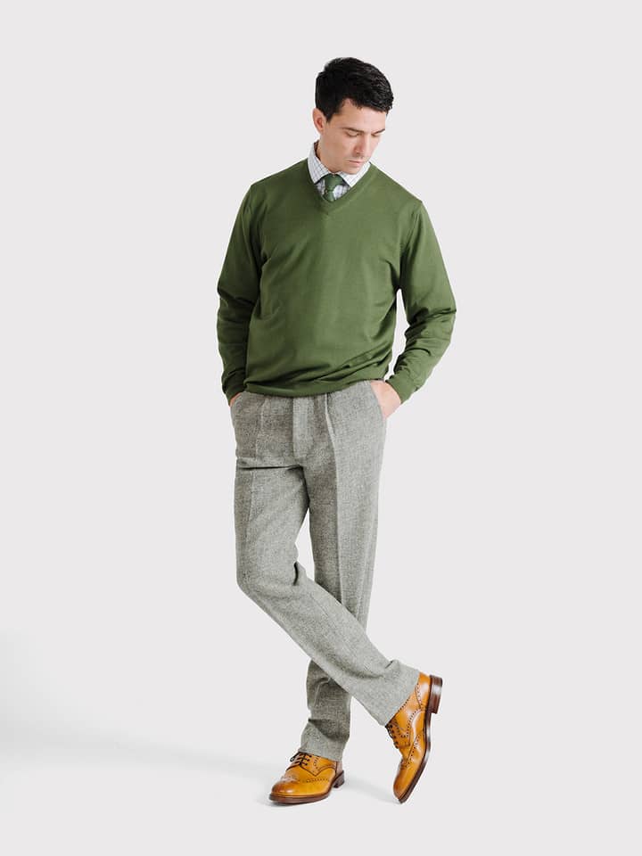 Men's Leaf Green Merino Wool V-Neck Jumper On Model