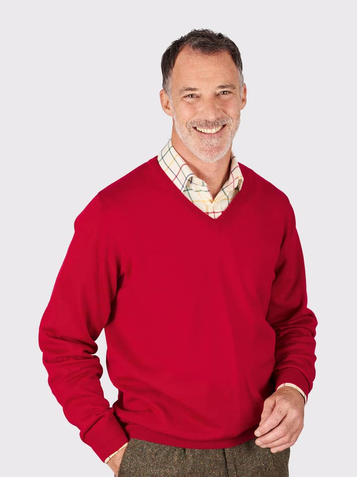 Men's Red Merino Wool V-Neck Jumper On Model