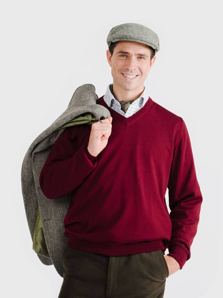Men's Wine Merino V-Neck Jumper On Model