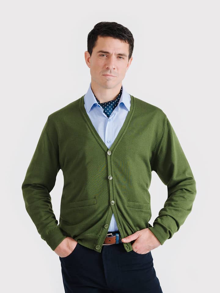 Men's Leaf Green Merino Cardigan On Model