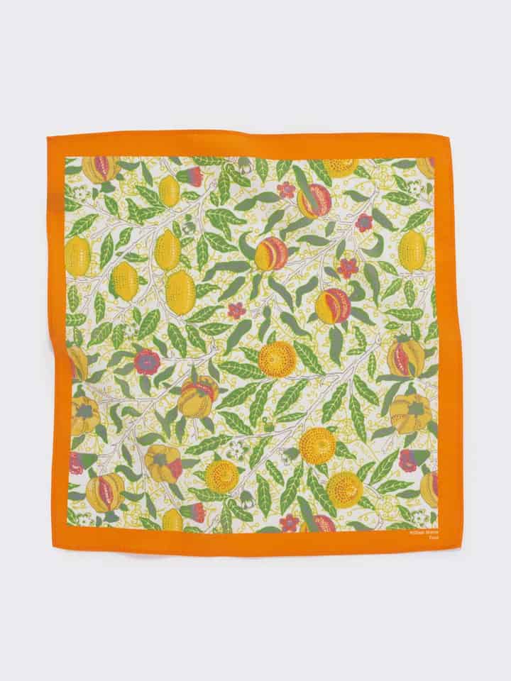 William Morris Fruits design pocket square flat shot