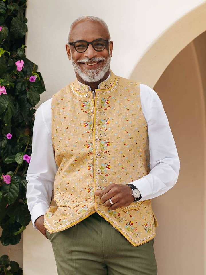 Mens Floral Embroidered Regency Nehru Waistcoat on Model