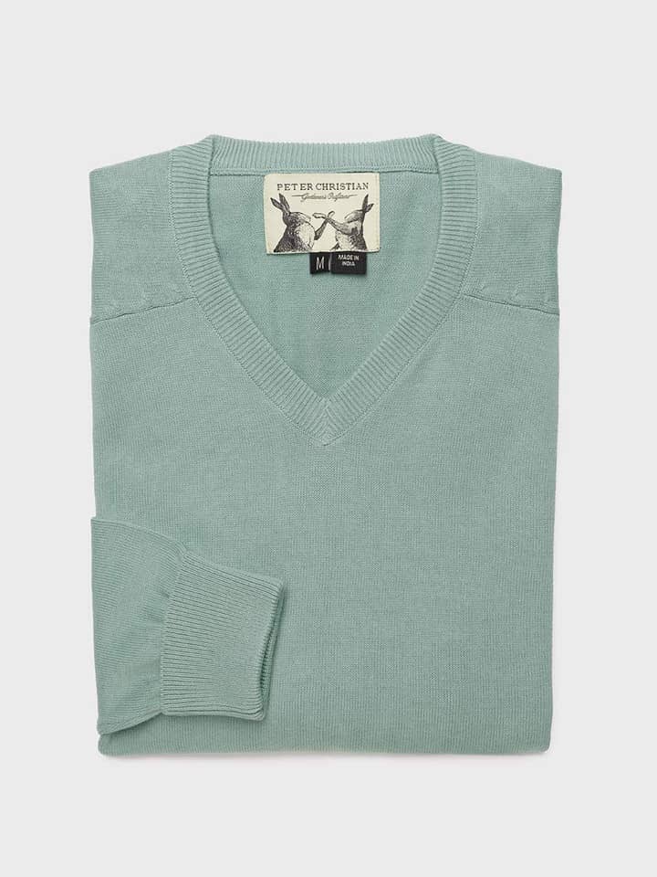 Men's Ocean Green Cotton V Neck Jumper Folded