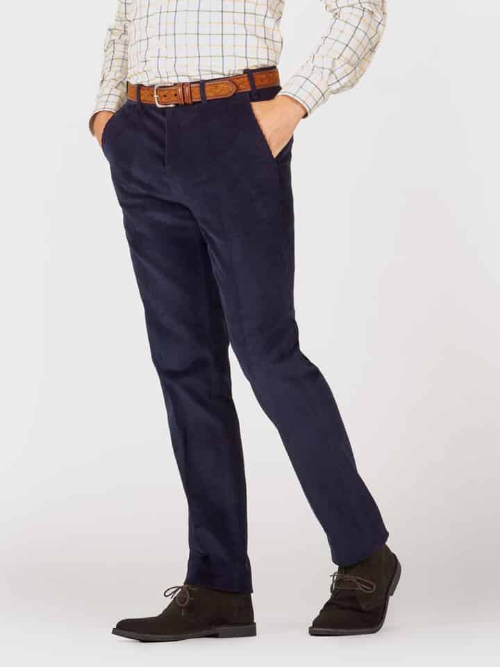 Mens Navy Tapered Corduroy Trousers On Model